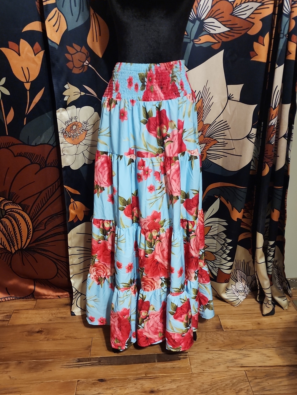 Floral Tiered Maxi Skirt - Blue with Pink Rose Print